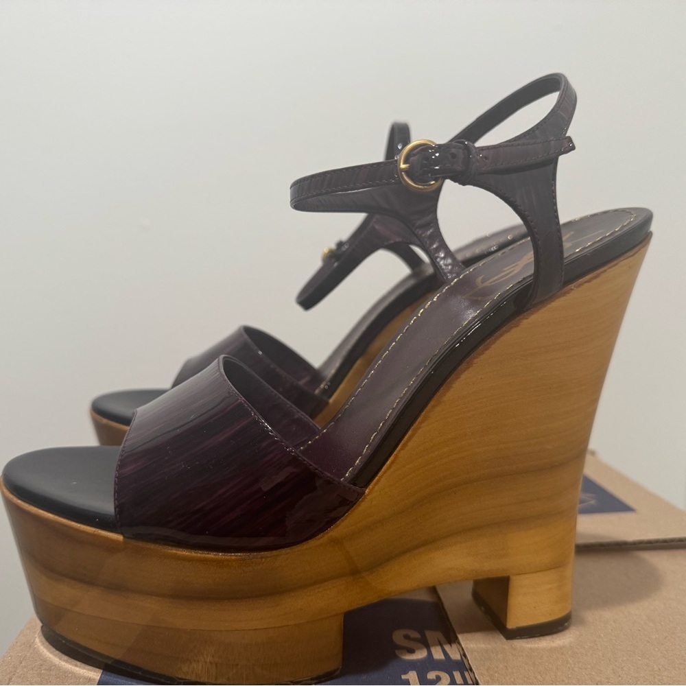 Vintage YSL - Tom Ford Era Wood Wedge Sandals Eggplant Patent Italy (Rare)
